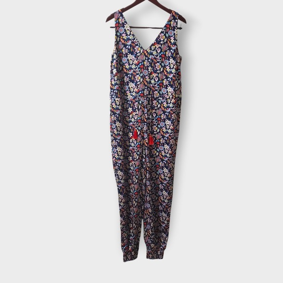 Boden Cecilia Floral Sleeveless Jumpsuit Navy Multi Tassel Tie Waist US 8T - Picture 2 of 14
